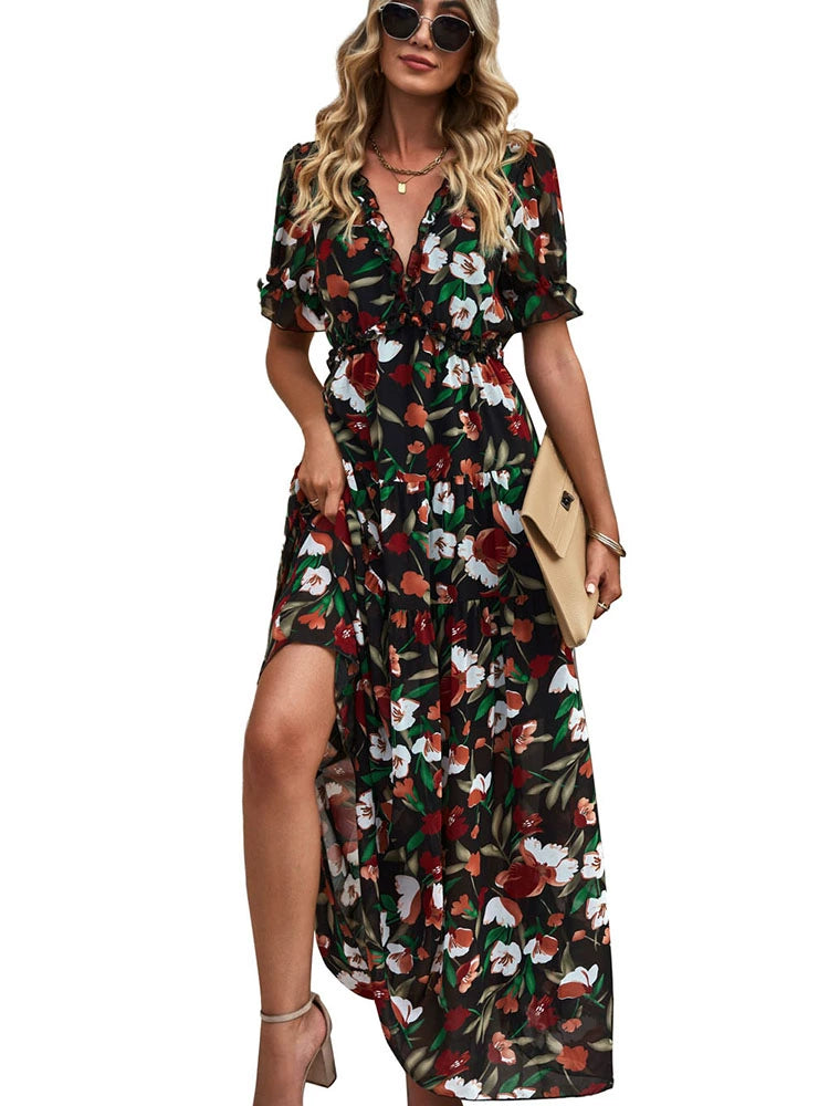 Summer 2024 New Arrival Florals Print Short Sleeve Dress European and American Leisure V-neck Seaside Vacation Style Long Dress for Women