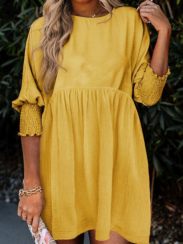 Fall 2024 New Yellow Half Sleeve Knee-Length Short Skirt for Women Fashion Thin Casual Pleating Short Sleeve Dress Women