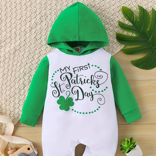 Newborn Infant Baby Boy's Four-Leaf Clover Printed Hooded Long Sleeve Open-End Romper