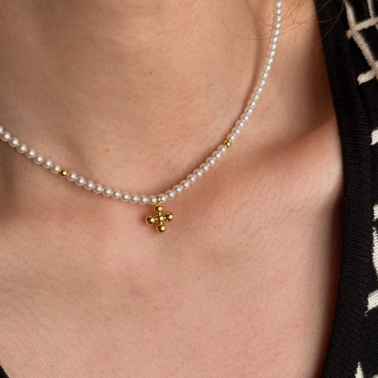 French Style Mini Cross Short Pearl Necklace