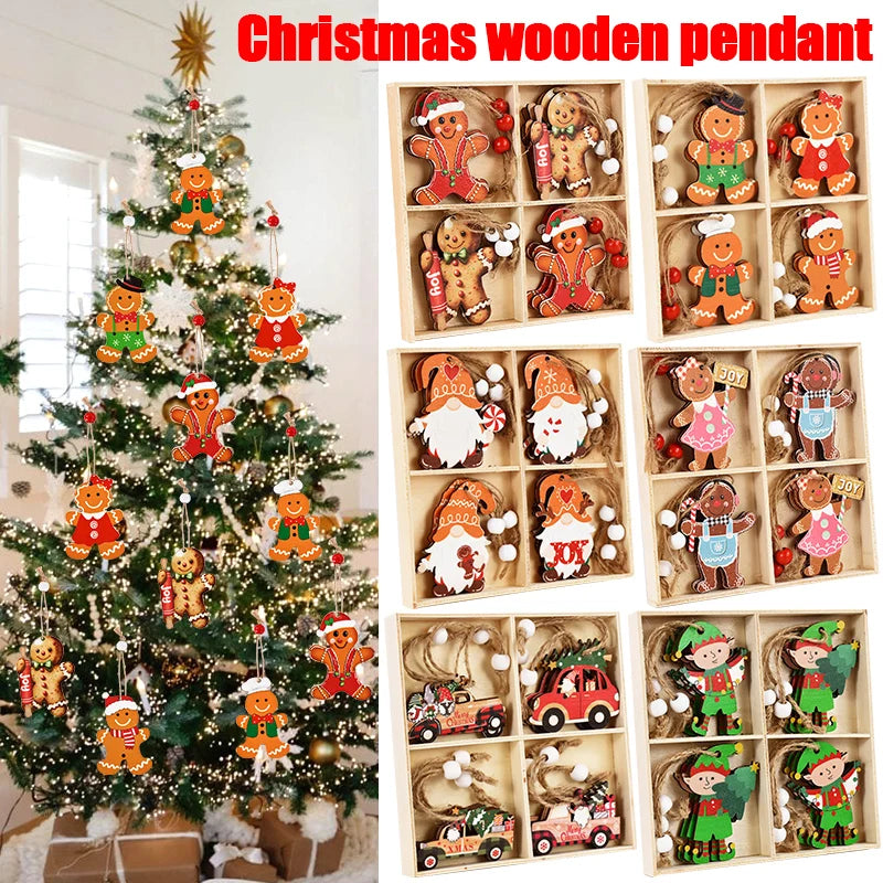 Christmas Wooden Pendants Gingerbread Man Gnomes Xmas Tree Hanging Ornament