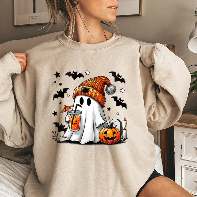 Spooky Season Women’s Halloween Sweatshirt – Ghost, Pumpkin, and Bat Print Round Neck Pullover for Trendy Autumn/Winter Style