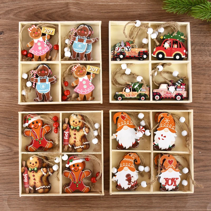 Christmas Wooden Pendants Gingerbread Man Gnomes Xmas Tree Hanging Ornament