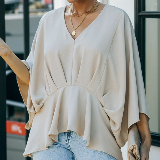 Fashion Bat 3/4 Sleeve Pure Color Casual Chiffon Shirt