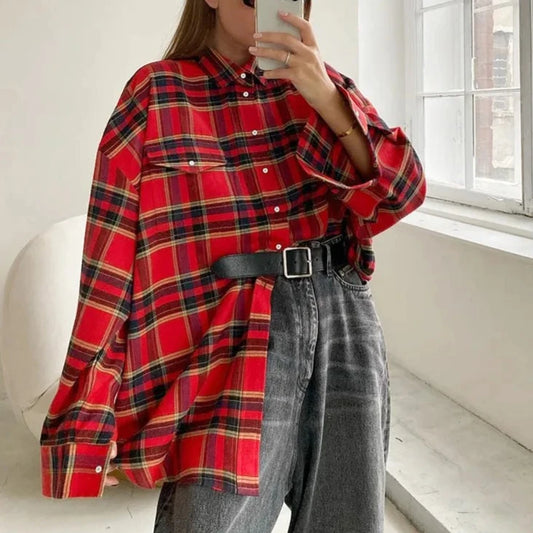 Mnealways18 Bright Gingham Oversized Shirts For Women Street Style Casual Shacket Blouses And Tops Single-Breasted Spring 2024