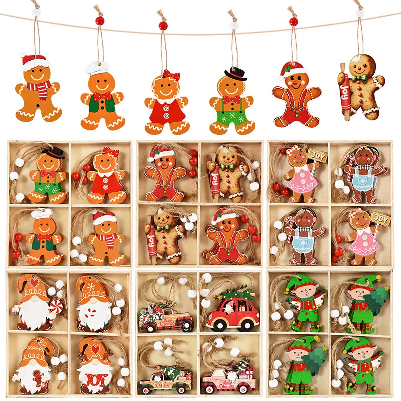 Christmas Wooden Pendants Gingerbread Man Gnomes Xmas Tree Hanging Ornament