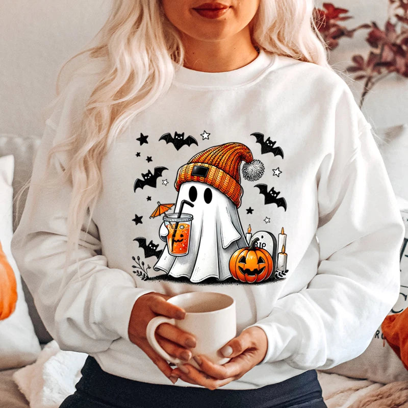 Spooky Season Women’s Halloween Sweatshirt – Ghost, Pumpkin, and Bat Print Round Neck Pullover for Trendy Autumn/Winter Style