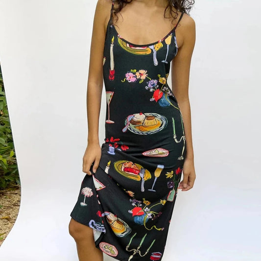 Women Cami Dress Summer Table Collection Print Sleeveless Backless Slip Dresses Midi Bodycon Sundress for Party Streetwear Y2K