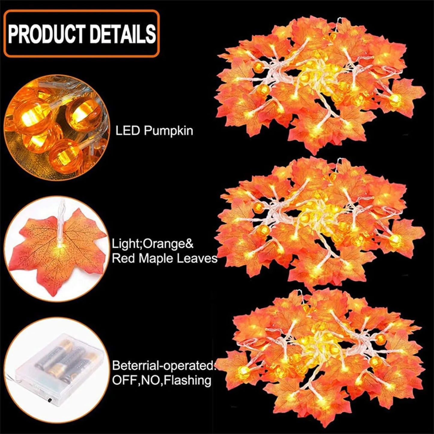 Battery-Operated Maple Leaf String Lights – 10/20/30/40 LED Waterproof Decorative Lights for Autumn & Halloween