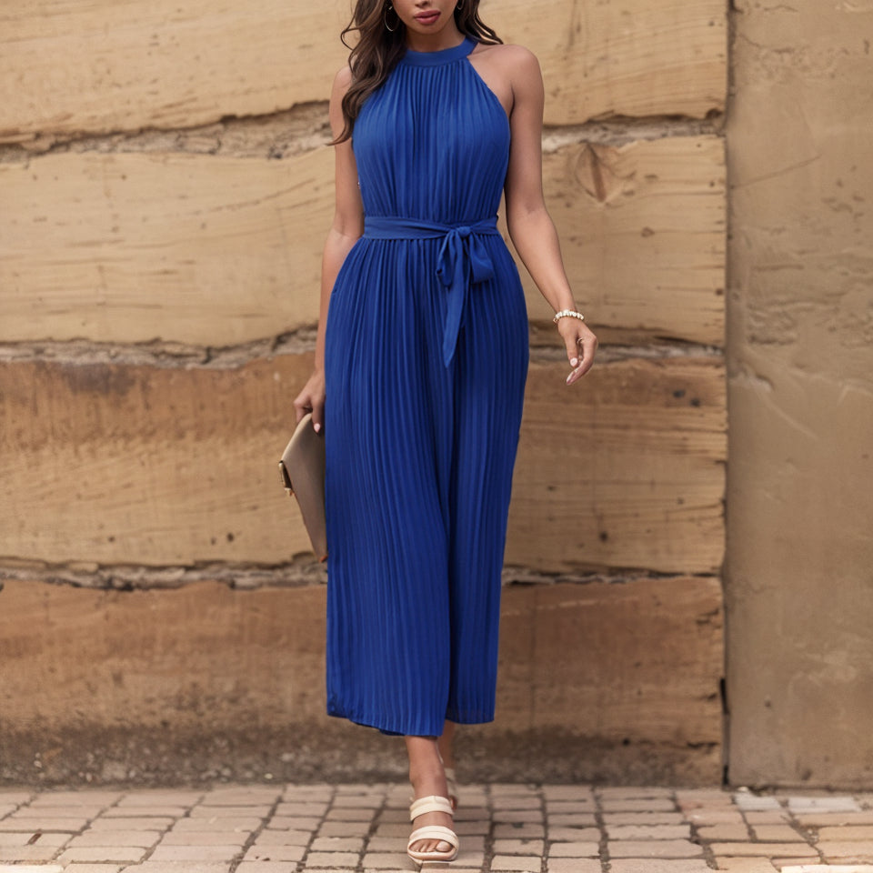 Solid Color Fashion Style Belt Casual Jumpsuit Halter