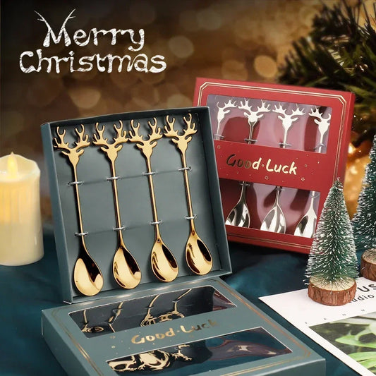 4pcs Christmas Elk Head Shape Stainless Coffee Spoon