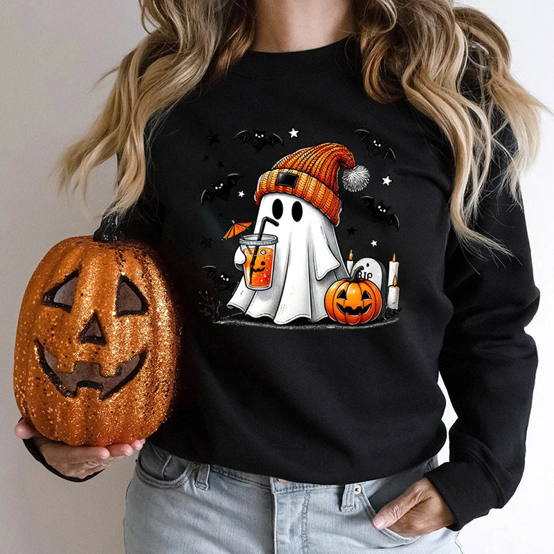 Spooky Season Women’s Halloween Sweatshirt – Ghost, Pumpkin, and Bat Print Round Neck Pullover for Trendy Autumn/Winter Style