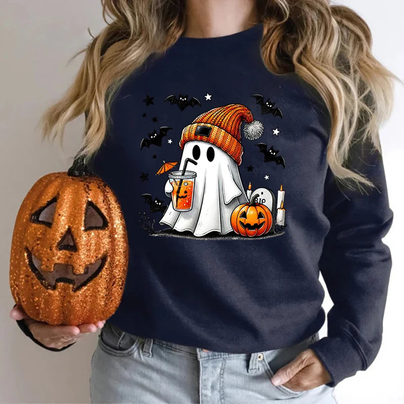 Spooky Season Women’s Halloween Sweatshirt – Ghost, Pumpkin, and Bat Print Round Neck Pullover for Trendy Autumn/Winter Style