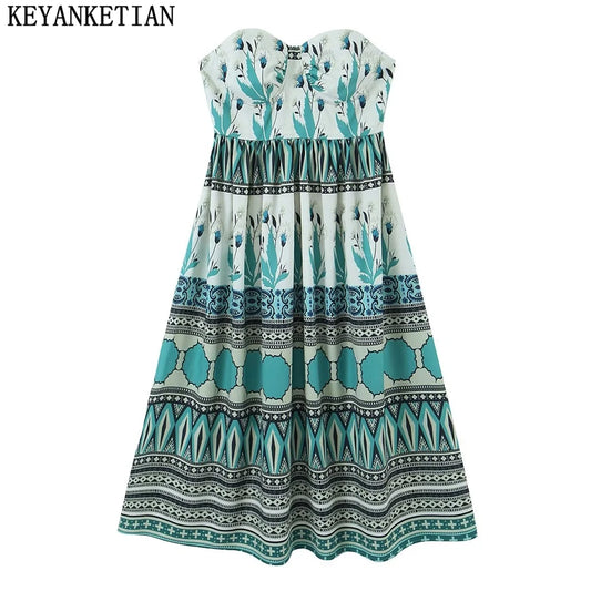 KEYANKETIAN summer's new Bohemian print one-line neck sleeveless strapless dress women's holiday A-line skirt MIDI skirt