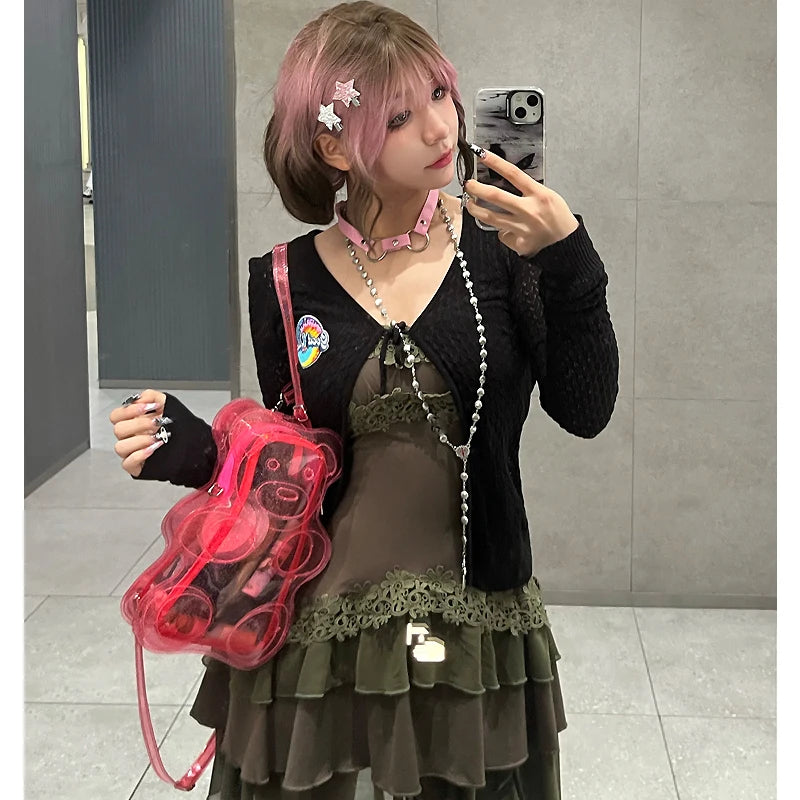 Pink Glitter Transparent Bear Women Backpack Kawaii Girls Clear Purse and Shoulder Bag Y2K Female Novelty PVC School Bag Gifts