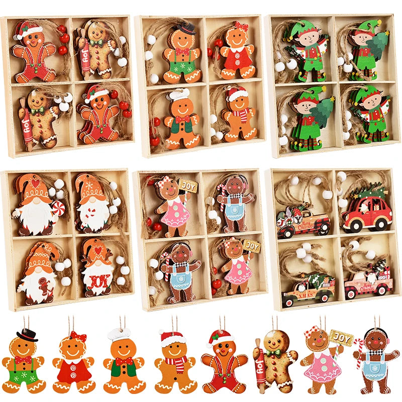 Christmas Wooden Pendants Gingerbread Man Gnomes Xmas Tree Hanging Ornament