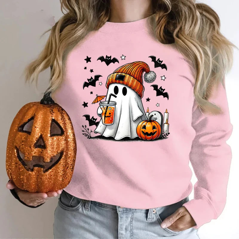 Spooky Season Women’s Halloween Sweatshirt – Ghost, Pumpkin, and Bat Print Round Neck Pullover for Trendy Autumn/Winter Style