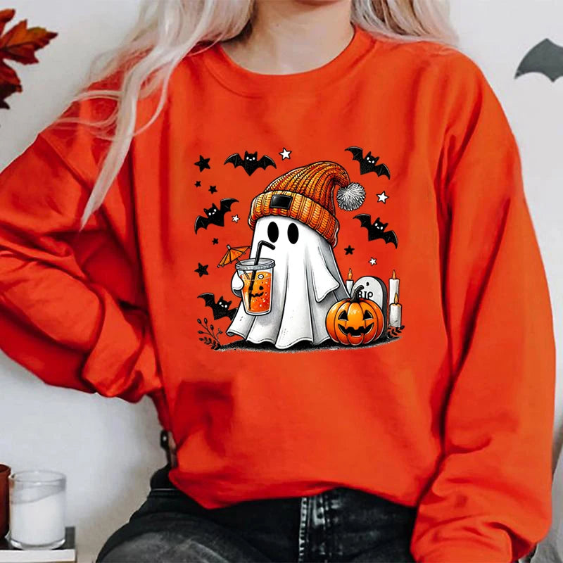 Spooky Season Women’s Halloween Sweatshirt – Ghost, Pumpkin, and Bat Print Round Neck Pullover for Trendy Autumn/Winter Style