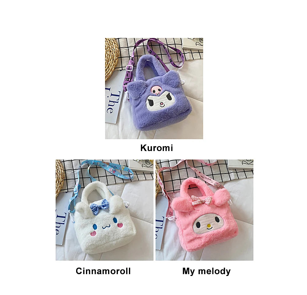 Sanrio Plush Bag Kawaii Kuromi Cinnamoroll Melody Cartoon Anime Handbag Crossbody Cosmetic Travel Storage Bags Women Girls