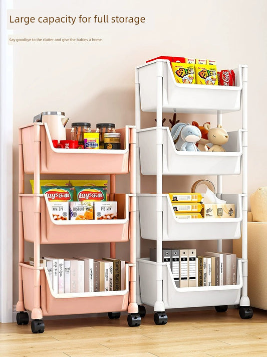 Multi-Layer Movable Trolley Rack - Household Snack, Kitchen, and Living Room Storage Bookshelf with Fruit and Vegetable Basket