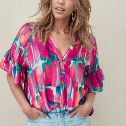 Fashion Abstract Stroke Print Short-Sleeved Chiffon Shirt Tops Women's 2024 Summer Thin Casual Three-Quarter Sleeve T-shirt Women