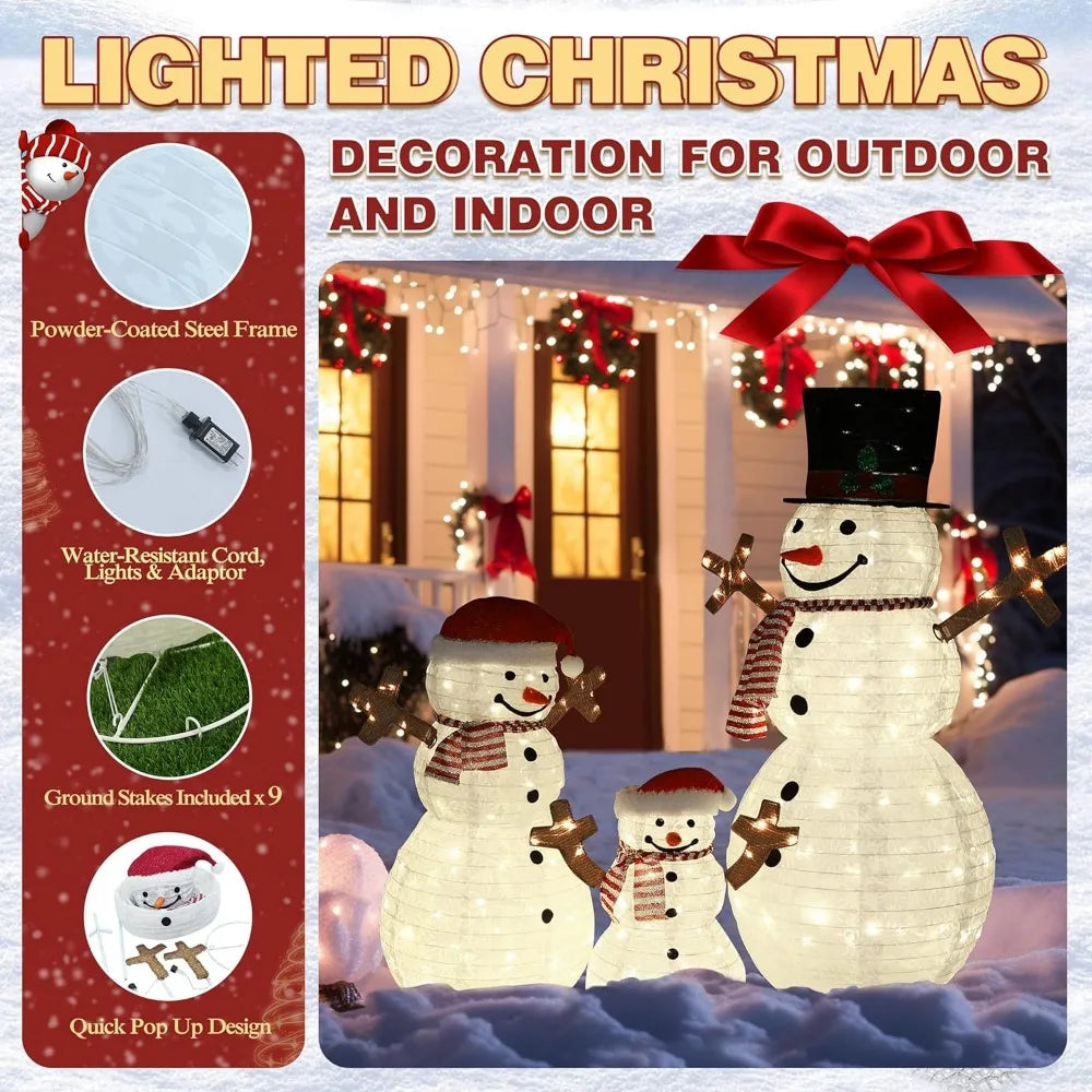 Christmas Decorations Outdoor, Pop-Up Set of 3 Snowman Christmas Decorations Outdoor, Snowman Family with 270 LED Lights