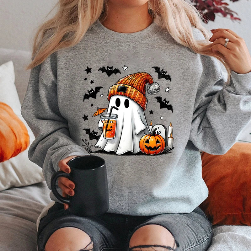 Spooky Season Women’s Halloween Sweatshirt – Ghost, Pumpkin, and Bat Print Round Neck Pullover for Trendy Autumn/Winter Style