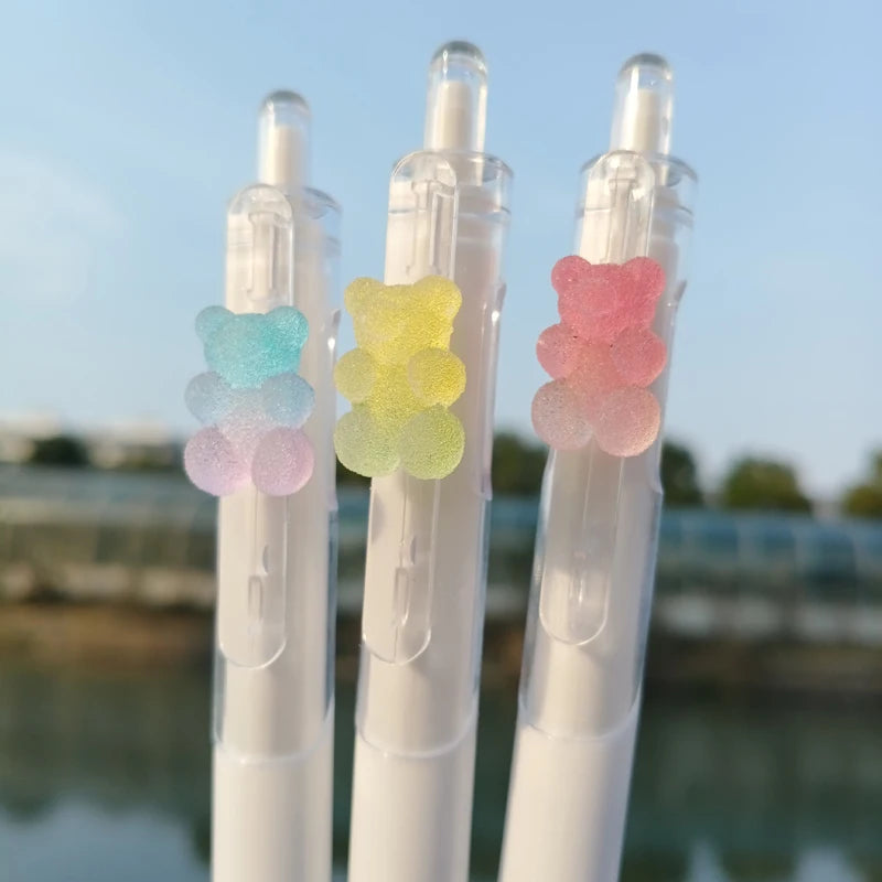 2pcs Kawaii Gel Pens Cute Transparent Bear Pen Writing Smooth Quick-Drying Black Ink Korean Aesthetic Stationery School Supplies