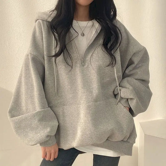 Trendy Oversized Zipper Hoodie for Women – Casual Solid Color Sweatshirt, Perfect for Autumn/Winter Fashion